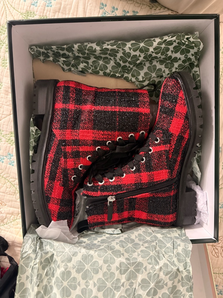 Kate Spade Red And Black Plaid Sparkle Combat Boots Size 9 Nwt